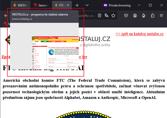 Náhled webu na pozadí aktivovaný přeletem kurzorem nad ouškem panelu (Zdroj: Firefox Nightly)