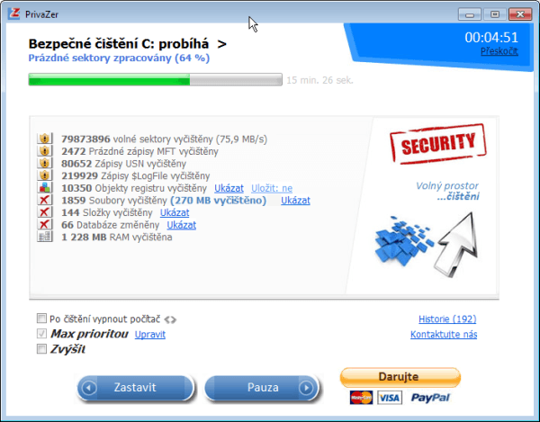 Čištění v programu PrivaZer Čištění v programu PrivaZer