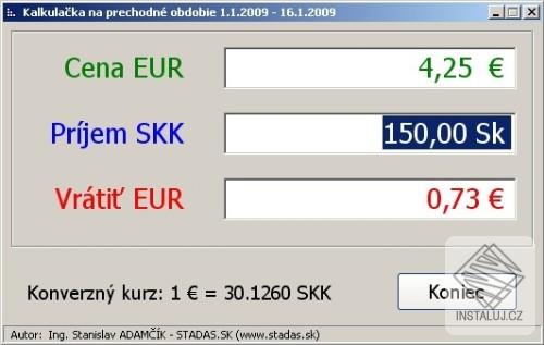 Prechodná EURO kalkulačka na obdobie 1.1.2009 - 16.1.2009