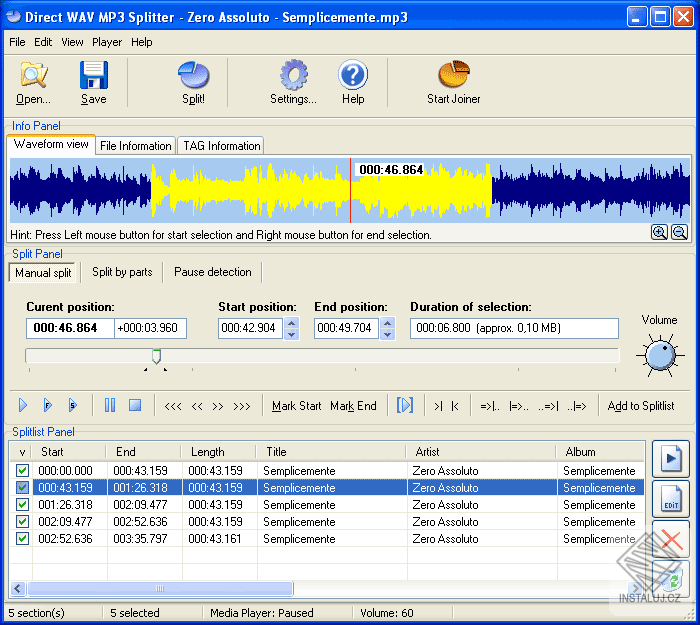 Direct WAV MP3 Splitter