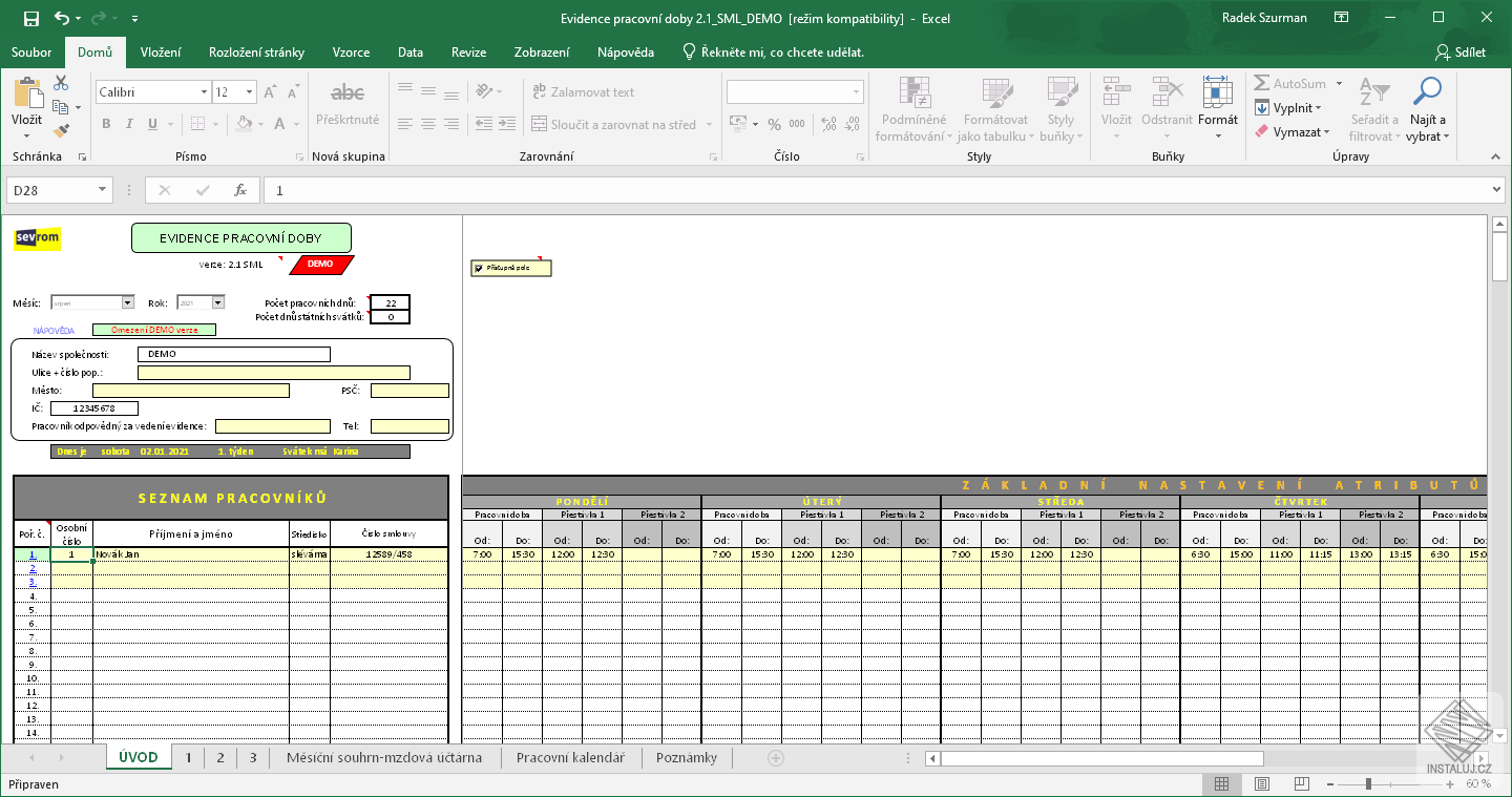 EVIDENCE PRACOVNÍ DOBY Excel 07-21