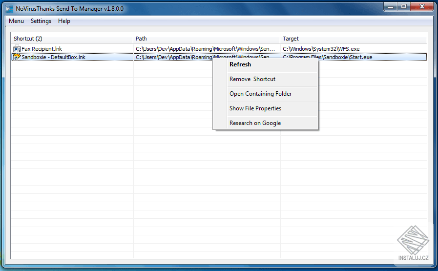Portable NoVirusThanks SendTo Manager